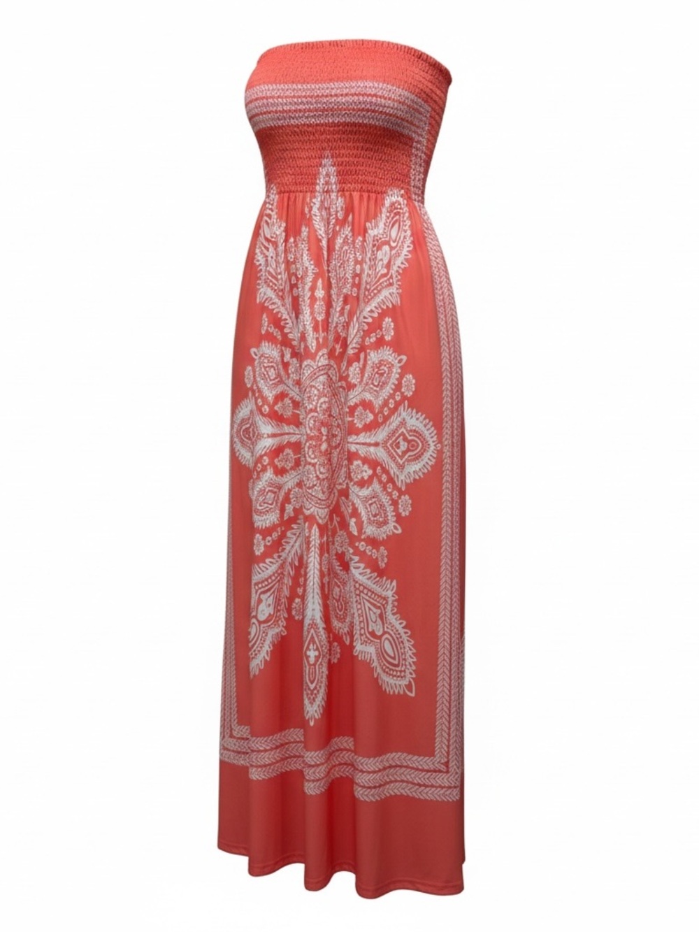 VENUS Coral Strapless Maxi Dress with White Medallion Print